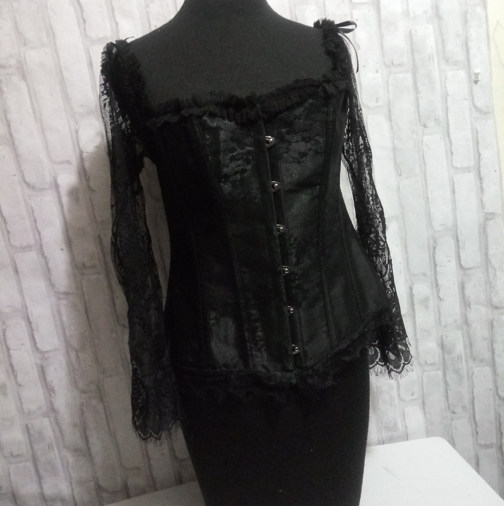 Strapless black corset with lace bell slee…